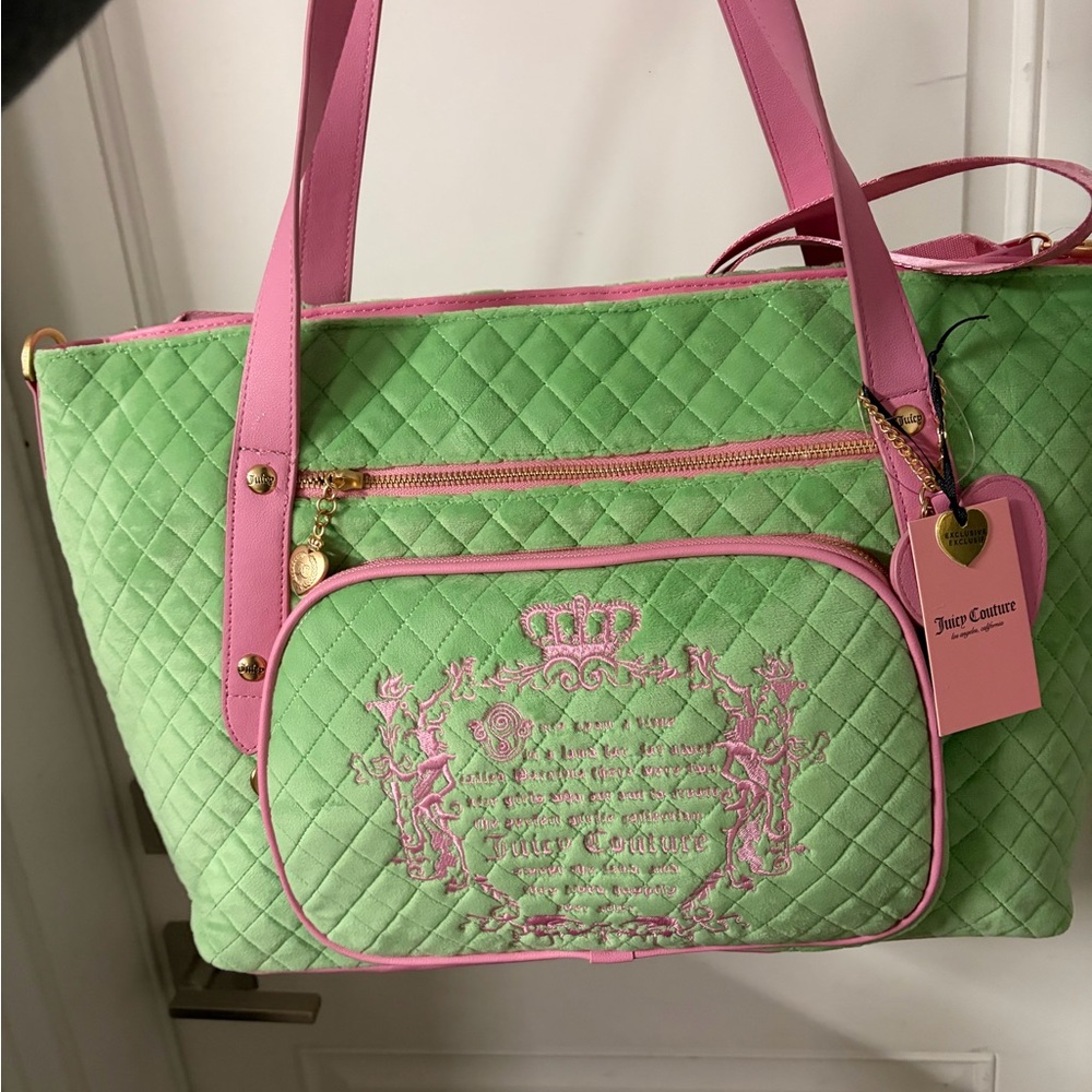 Juicy Couture Green and Pink Quilted Weekender Tote Bag